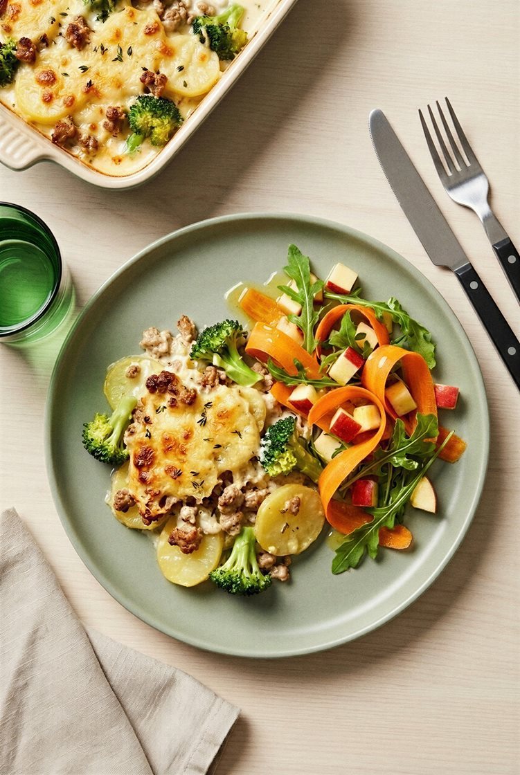 Potet- og kyllinggrateng med gratinert brokkoli og salat, fra Godtlevert